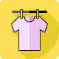 Icon of a purple t-shirt on a yellow hanger with a blue background