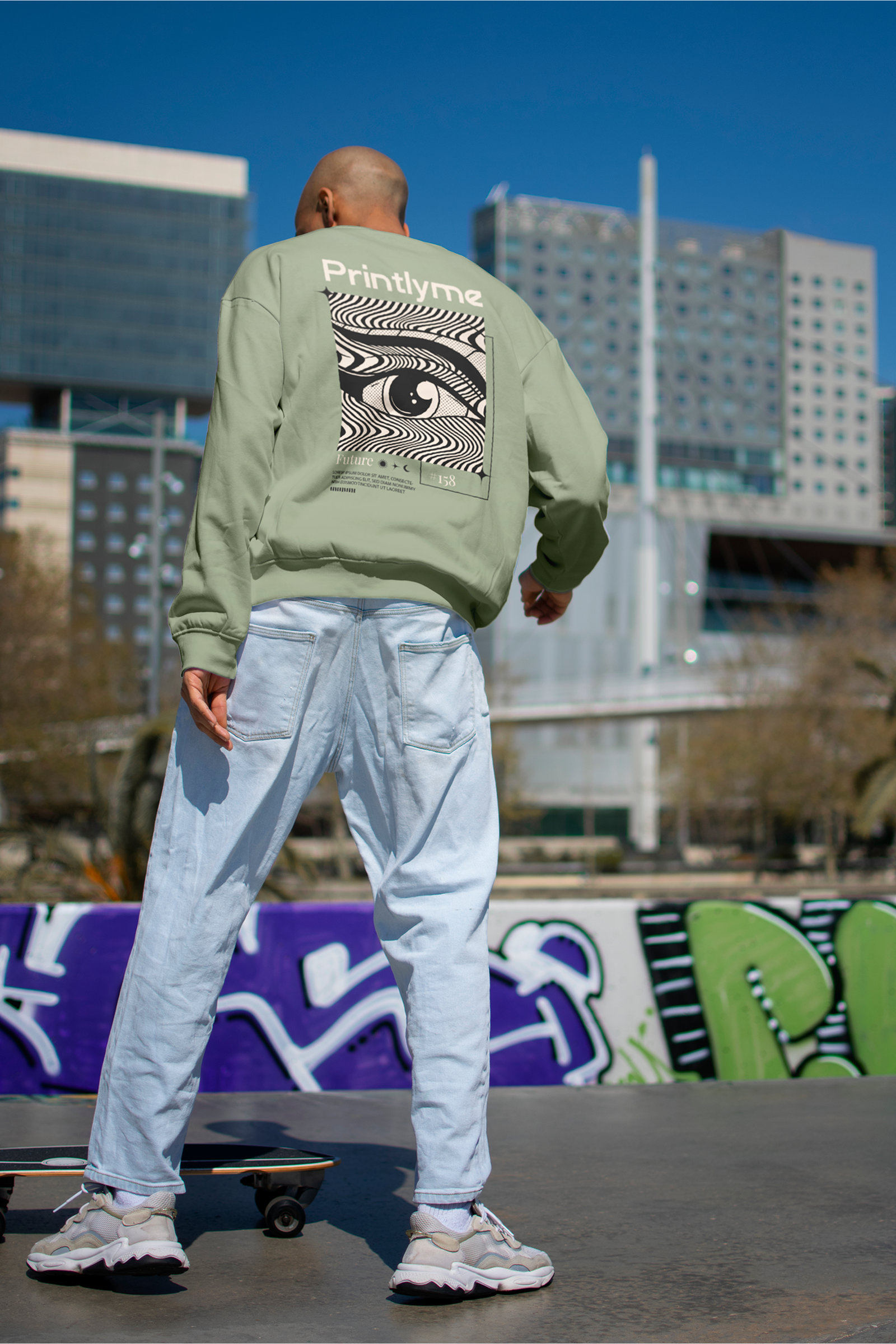 Person wearing a green custom premium sweatshirt with a graphic design in an urban street setting.