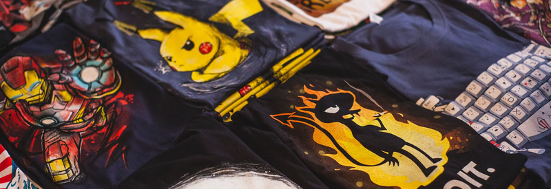 Banner-style graphics on the t-shirts