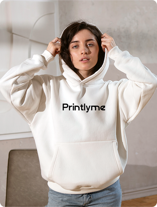 Person wearing a white hoodie with 'Printlyme' logo against a neutral background